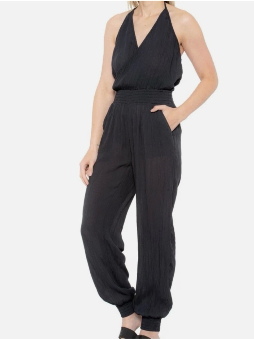 Prana Fernie Black Halter Smocked-Waist Jogger Jumpsuit